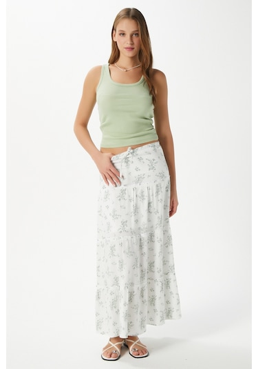 Kadın Rebekka Çiçekli Haki Astarlı Uzun Etek 17639 Beyazhaki Çok Renkli