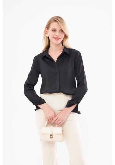Klasik Saten Gömlek Siyah Siyah