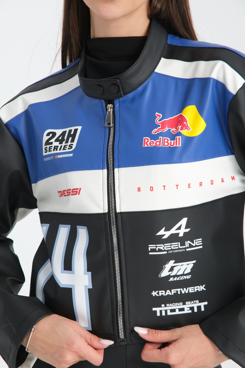 Kadın Oversize Baskılı Deri Şeritli Motorcu Montu Garnili Fermuarlı Yarışçı Ceketi Bomber Kolej Mont Mavi