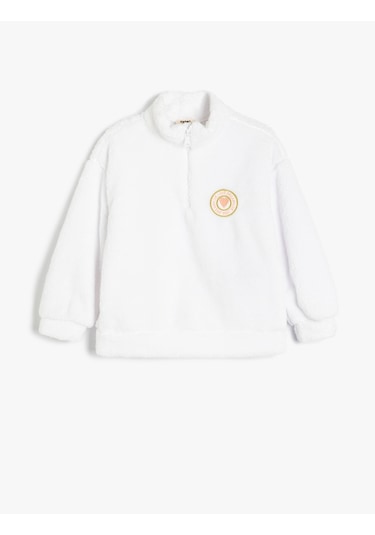 Koton Dik Yaka Yarım Fermuarlı Uzun Kollu Peluş Sweatshirt Beyaz 5wkg10673ak Beyaz