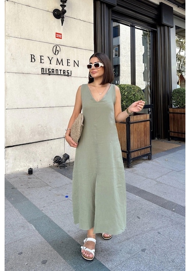 Haki Askılı İthal Müslin Kumaş, Önü Ve Arkası V Yaka, Önden Yırtmaçlı, Maksi/uzun Salaş Elbise Haki