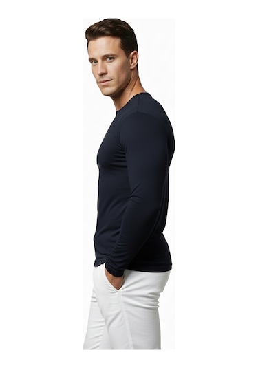 Deepsea Erkek Lacivert Uzun Kollu Dar Kalıp Ince Sıfır Yaka Sweatshirt 2300423 False Lacivert