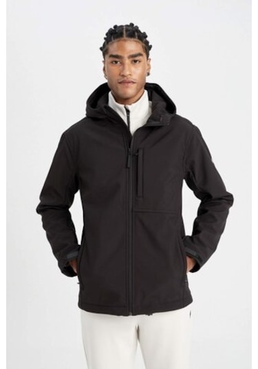DeFactoFit Softshell Mont Su İtici Rüzgara Karşı Koruyan Kapüşonlu Fermuarlı Cepli A2122AX24AUBK81 Siyah