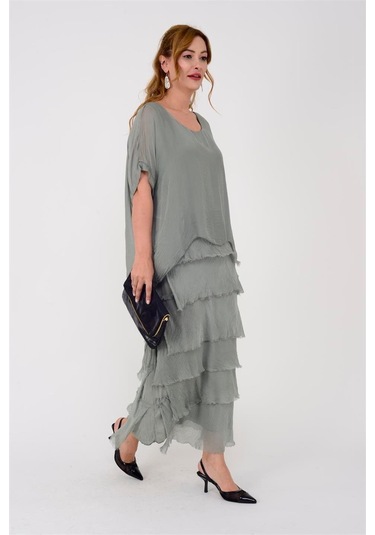 İtalyan 2 Beden İnce Gösteren Yarım Kol Kat Kat Ipek Elbise Açık Haki