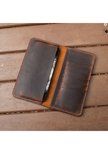 Craft And Luna El Yapımı Hakiki Deri Cüzdan Telefon Kılıfı Western Taba
