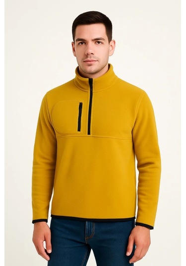 Erkek Polar Kazak Dik Yaka, Yarım Fermuarlı, Fermuarlı Göğüs Cepli, Siyah Biyeli, Kışlık Rahat Regular Fit Günlük Model - Sarı Sarı