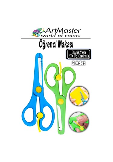 Öğrenci Makası Mavi Yeşil Renkli 2 Adet Plastik Küt Uç Yaylı Korumalı Çocuk Makası Ana Sınıfı Okul Makası Okul Öncesi