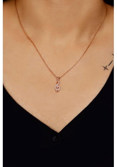 Roza Silver Zirkon Taşlı Rose Sol Anahtarı Minimal Gümüş Kolye