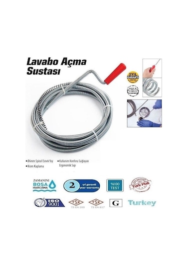 Lavabo Gider Boru Açma Spirali - Kanal Açma Sustası - 5 Metre
