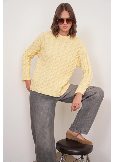 6973 Kadın Saç Örgülü Regular Basic Triko Kazak Pastel Sarısı Pastel Sarısı
