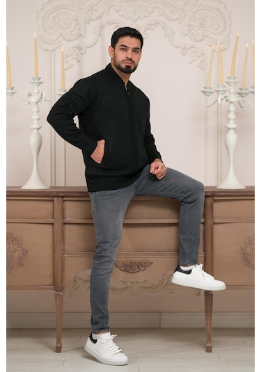 Woolen World Pilot Yaka Fermuar Kapamalı Klasik Kesim Astarlı Çelik Örgü Hırka Siyah