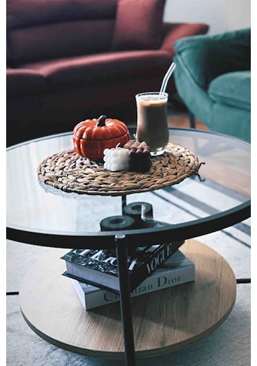 Nordic Orta Sehpa Temperli Cam 75 Cm Demonte Çizilmez Kırılmaz Metal Çerçeve Raflı Minimalist Sehpa - Atlantik Çam Atlantik Çam