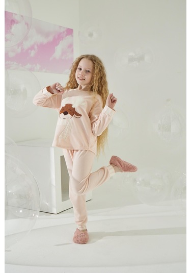 Kız Garson Uzun Kol Kadife Pembe Pijama Takımı C8t5n5o7 001