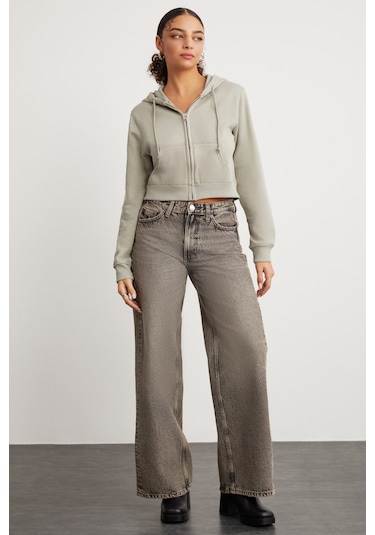 Delıa Kadın Crop 3 Iplik Şardonlu Örme Relaxed Fit Fermuarlı Kapüşonlu Çağla Yeşili Sweatshirt