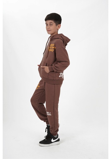 Erkek Çocuk Üç İplik Şardonsuz Kumaş Baskılı Kapüşonlu Eşofman Takımı Koyu Kahve