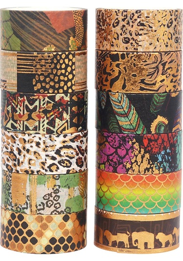 Springsun 12'li Altın Folyolu Vahşi Hayvan Desenli Washi Bant Seti - Dıy, Hediye Paketleme, Defter Süsleme 15mm