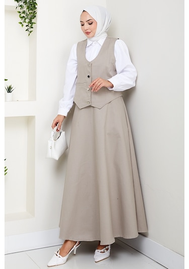 İkili Gabardin Yelek Etek Takım 1400 - Taş Taş