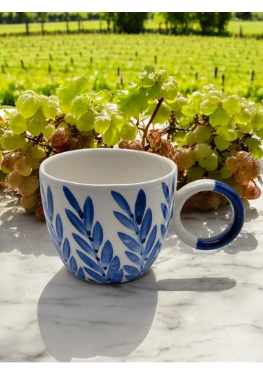 Seramik Kupa Bardak Mavi Yapraklı Tasarım