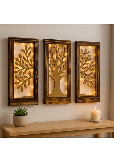 Işıklı Ahşap Çerçeveli 3 Lü Ağaç Motifli Duvar Dekor Seti