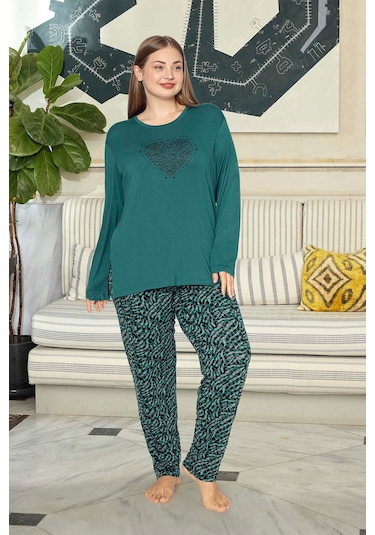 Aydoğan Kadın İnci Büyük Beden Kalp Baskılı Zümrüt Pijama Takım 0713 Yeşil
