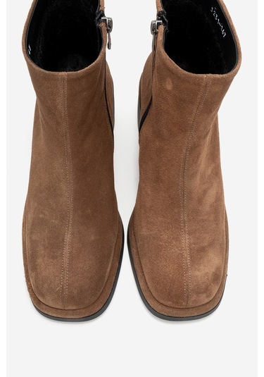 Junae Taba Süet Hakiki Deri Kadın Kalın Topuklu Bot Taba