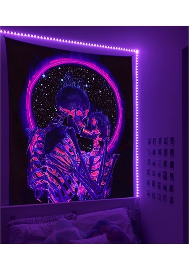 Geekyou Neon Kırmızı Dudaklı Aşık Kelle Desenli Işıklı Duvar Örtüsü - Salon Odası Dekorasyonu Için Parlak Polyester Tapestri Gösterildiği Gibi