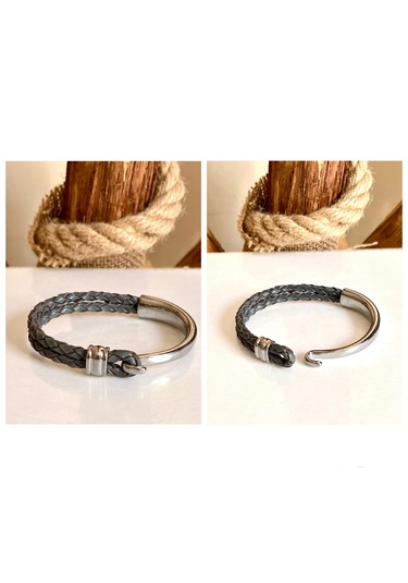 %100 Deri&krom Kombin Gri Erkek Bileklik Net 22cm Türk El Üretim Gri