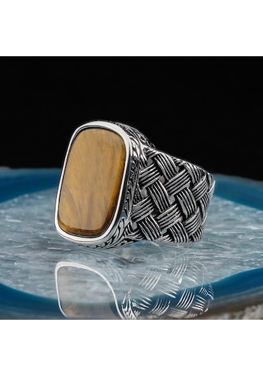 925 Ayar Gümüş Dikdörtgen Kaplan Gözlü Taşlı Örgü Desenli Erkek Yüzük Gümüş