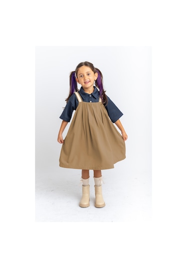 Oliventhekid Pileli Jile Kız Çocuk Elbise Kahverengi Kahverengi