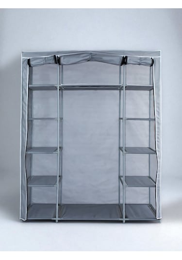 Bez Dolap Ruba Çift Yandan Raflı Portatif Gardırop Güçlendirilmiş Pvc Profil Gri Gri