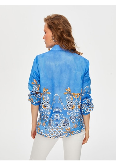 Eteği Etnik Desen Pamuk Vual Gömlek S25gml058 Us25gml05821 Mavi