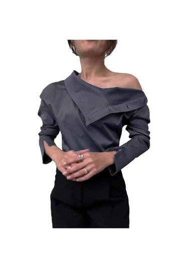 Kadın Gömlek Düğme Eklemeli Balıkçı Yaka Uzun Kollu Rahat Bol Kesim Gömlek Düz Gri