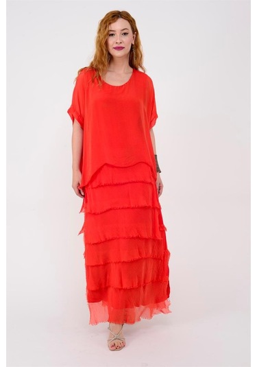 İtalyan 2 Beden İnce Gösteren Yarım Kol Kat Kat Ipek Elbise Kırmızı