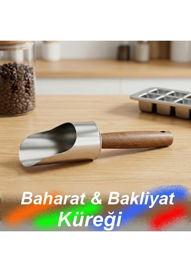 Ahşap Saplı Çelik Şık Baharat Kaşığı Küreği Bakliyat Küreği Baharat Küreği