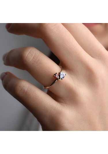 14 Ayar Altın Kaplama Kalp Ve Damla Renkli Taşlı Yüzük - Rs00111 Altın