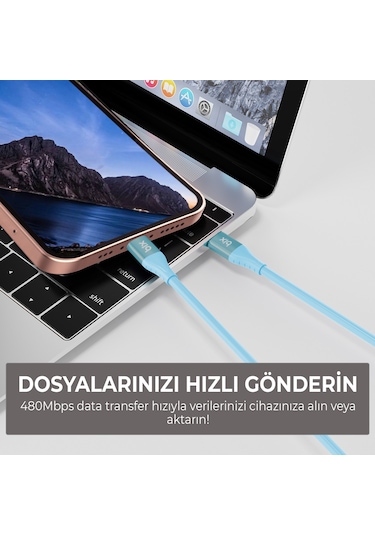 Bix ﻿BXSC1CL 60W Type-C To 1.2 M Lightning Silikon Şarj ve Data Kablosu Mavi