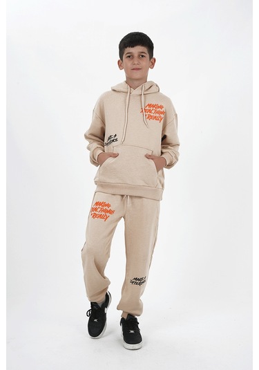 Erkek Çocuk Üç İplik Şardonsuz Kumaş Baskılı Kapüşonlu Eşofman Takımı Bej