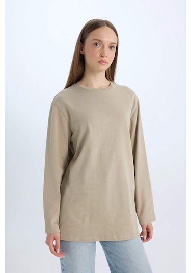 Defacto Regular Fit Bisiklet Yaka Basic Düz Uzun Kollu Tişört Tunik D4897AX24WNKH479 Haki