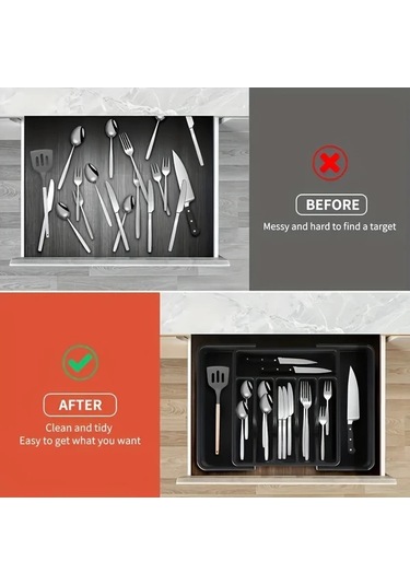 Honeybeeshop Gri Çatal Bıçak Düzenleyici Geri Çekilebilir Genişletilebilir Büyük Kapasiteli Mutfak Saklama Kutusu Çekmece Dolap İçin Gri