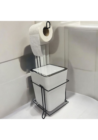 Suntel Banyo Mutfak Çöp Kovası Metal Standlı Tuvalet Kağıtlık Seti Beyaz