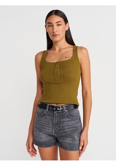 Dilvin 21069 Düğmeli Kare Yaka Top-k.yağ Yeşl K.yağ Yeşl