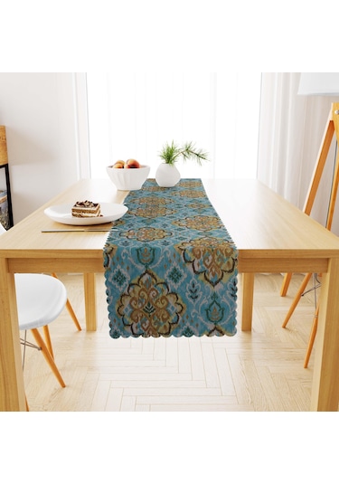 Damask Desenli Hardal Mavi Dijital Baskılı Süet Dokuma Runner 40x140