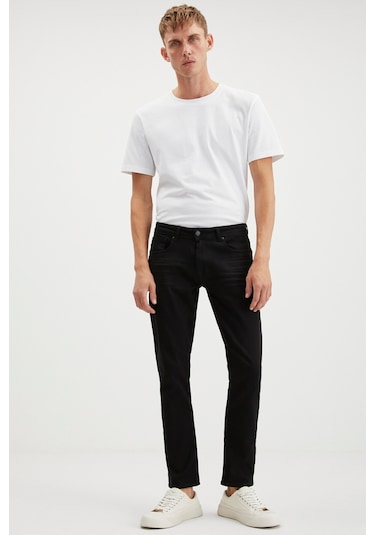 Herman Erkek Kalın Dokulu Slim Fit Dar Kalıp Boru Paça Organik Pamuklu Siyah Jeans