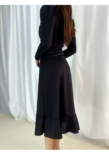 Krep Kumaş Midi Boy Kuşaklı Uzunkol Elbise 113 Cm Bediva 001