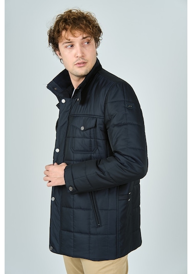 Lucas Erkek Dik Yaka Cep Detaylı Uzun Kapitone Kaban 4775 Lacivert Lacivert
