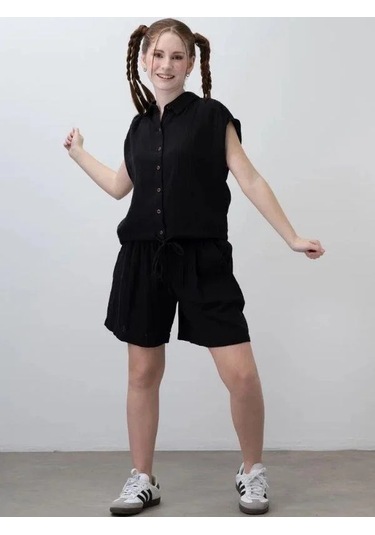 Kız Çocuk Müslin Şortlu Takım-15785 Siyah