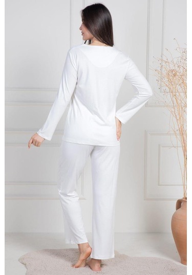 Mecit 6104 Bayan Ekru Büyük Beden Uzun Kollu Pijama Takımı Ekru