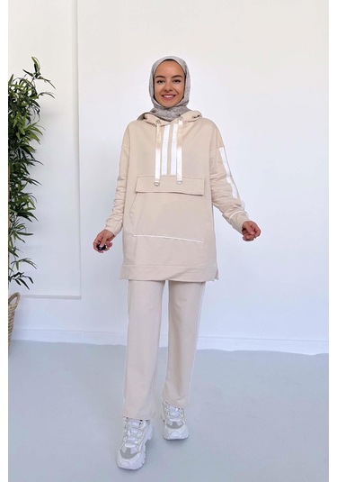 Kanguru Cep Şerit Detay İki İplik Takım - Bej