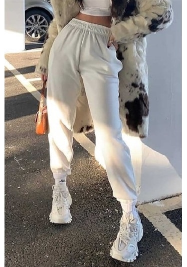 Mad Girls Beyaz Paça Lastikli Oversize Kadın Eşofman Mg324 BEYAZ