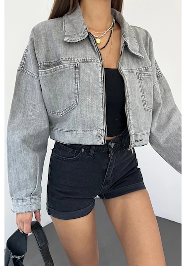 Gri Çift Cepli Fermuarlı Yıkamalı Crop Denim Ceket Bcdf-235410 Çok Renkli